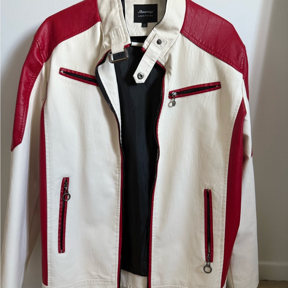Men's White & Red Leather Jacket